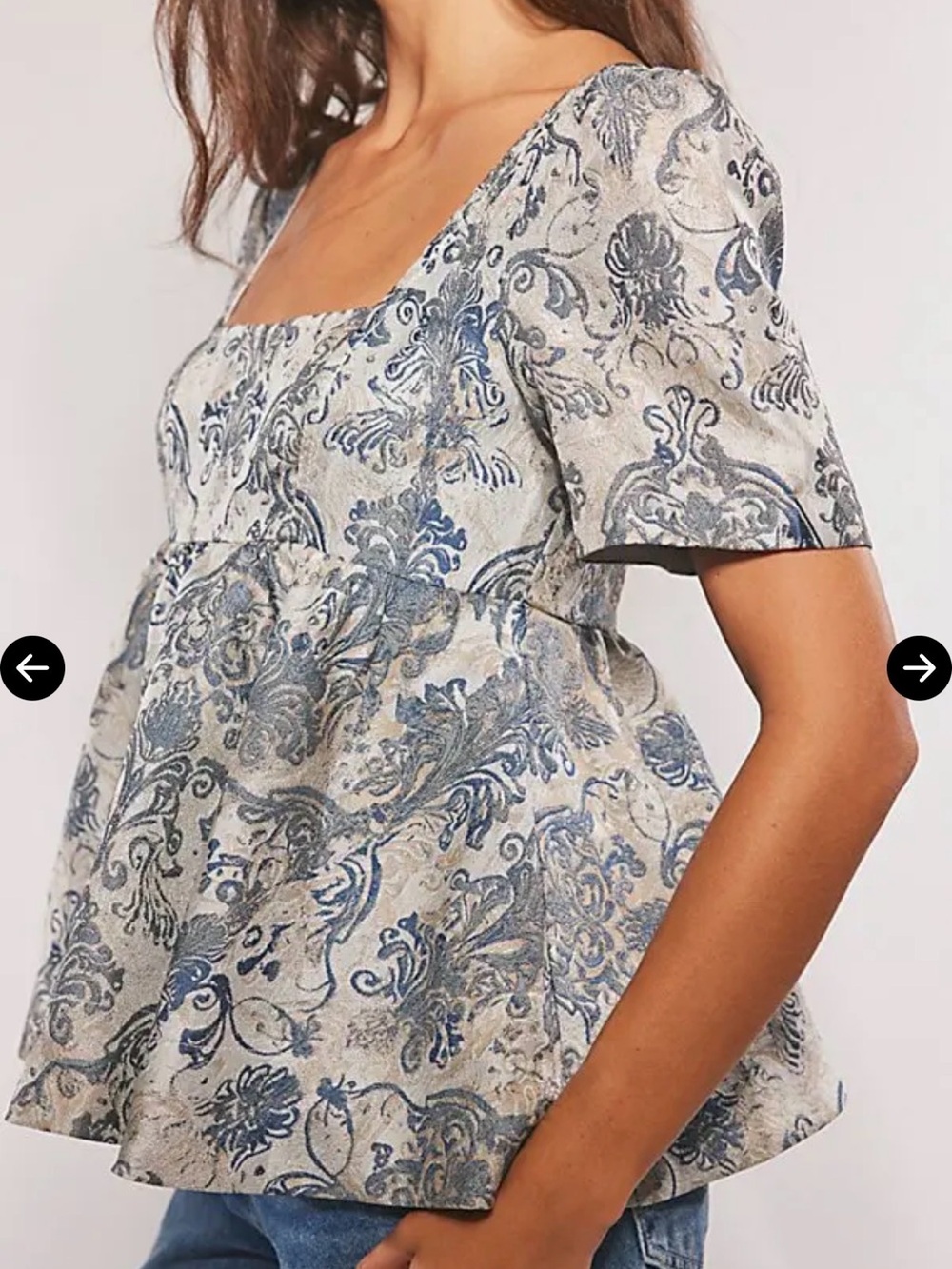 Free People Blue and Cream Damask Square-Neck Peplum Top